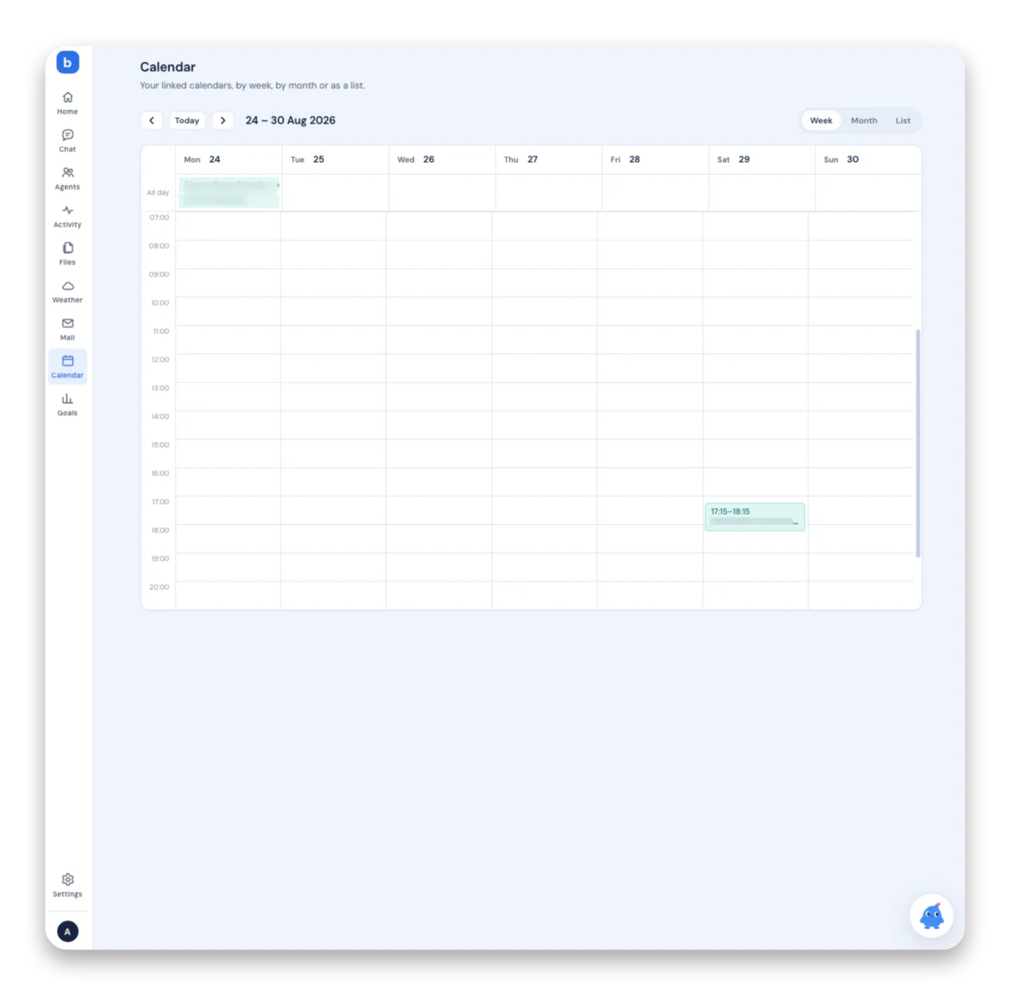 Calendar in buddi, on its own page in the dashboard